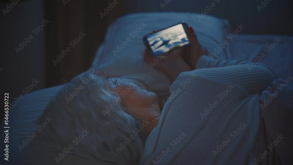 woman suffers from insomnia lying in bed using smart phone before sleep, dark night room. light from affects eyes face. lady scrolling social media app Phone screen holding mobile in hands. old age