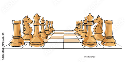 Wooden chess pieces on the chessboard continuous single line art drawing sketch on white background 