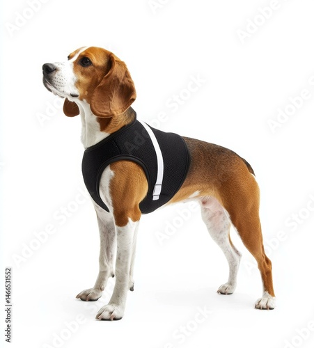Adorable Canine Model Wearing Stylish Black Harness for an Animal Fashion Shoot Under Bright Light