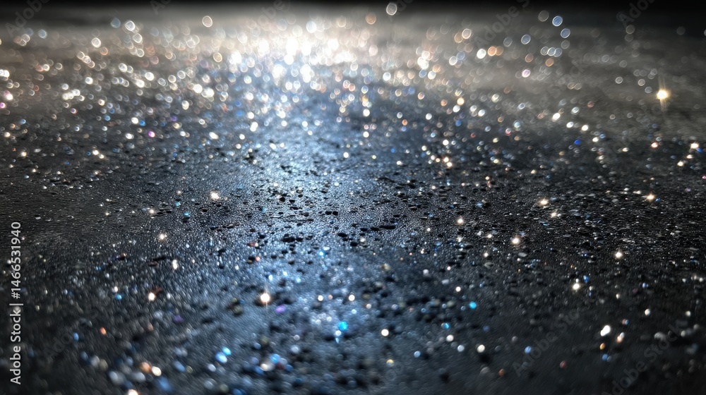 Obraz premium Cosmic Glitter: A close-up shot of a dark, glittering surface with a bright beam of light illuminating the texture, resembling a distant galaxy with twinkling stars.