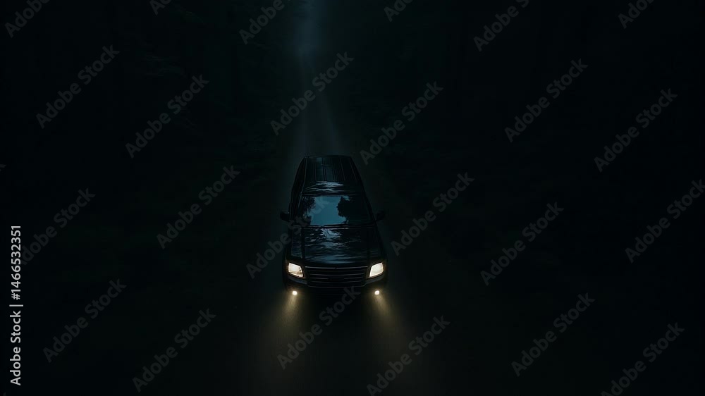 Voiture avec phares allumés traversant une forêt noire de nuit