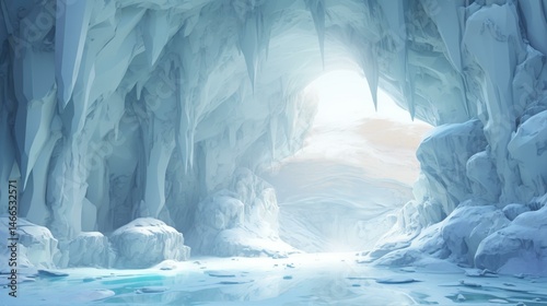 Arctic Ice Cave Grotto with Frozen Water and Sunlight Beaming Through the Entrance Way Design
