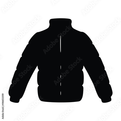 puffer jacket vector silhouette icon, black and white illustration of clothing.
