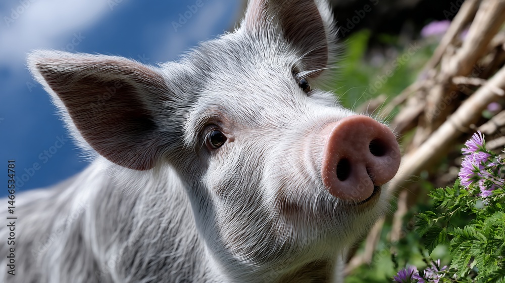 Fototapeta premium Curious piglet in a meadow (1)