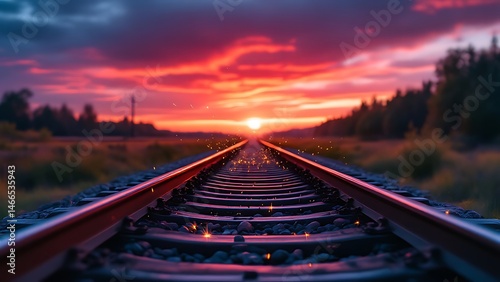 Wallpaper Mural Railroad tracks glowing at sunset with flying sparks, creating a dramatic and cinematic atmosphere. Warm light and metal textures emphasize motion, journey, and industrial energy Torontodigital.ca