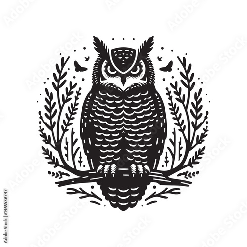 Great Horned Owl Bird Vector Silhouette, Majestic Nocturnal Bird, Owl Design, Powerful Avian Outline, Nature-Inspired Wildlife Art.