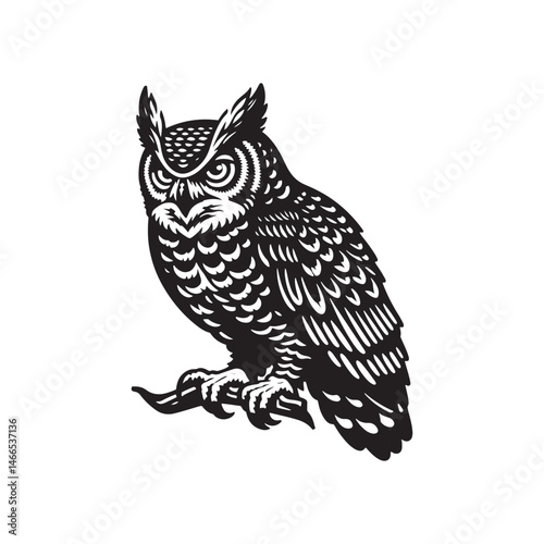 Great Horned Owl Bird Vector Silhouette, Majestic Nocturnal Bird, Owl Design, Powerful Avian Outline, Nature-Inspired Wildlife Art.