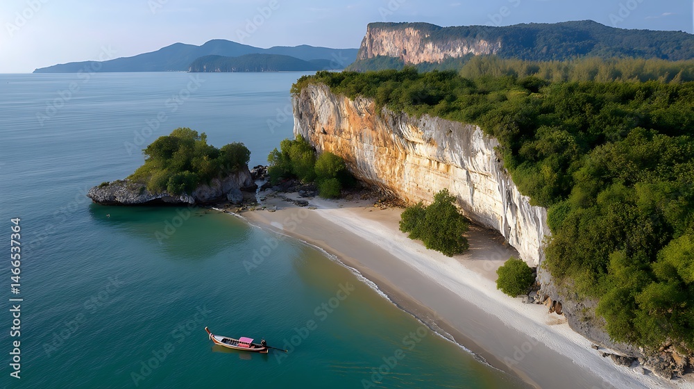 Obraz premium Serene Tropical Beach with Boat and Lush Green Cliffs at Dusk