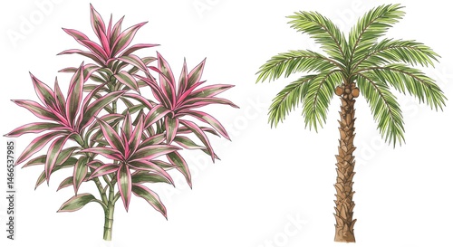 Tropical plant illustration with palm tree