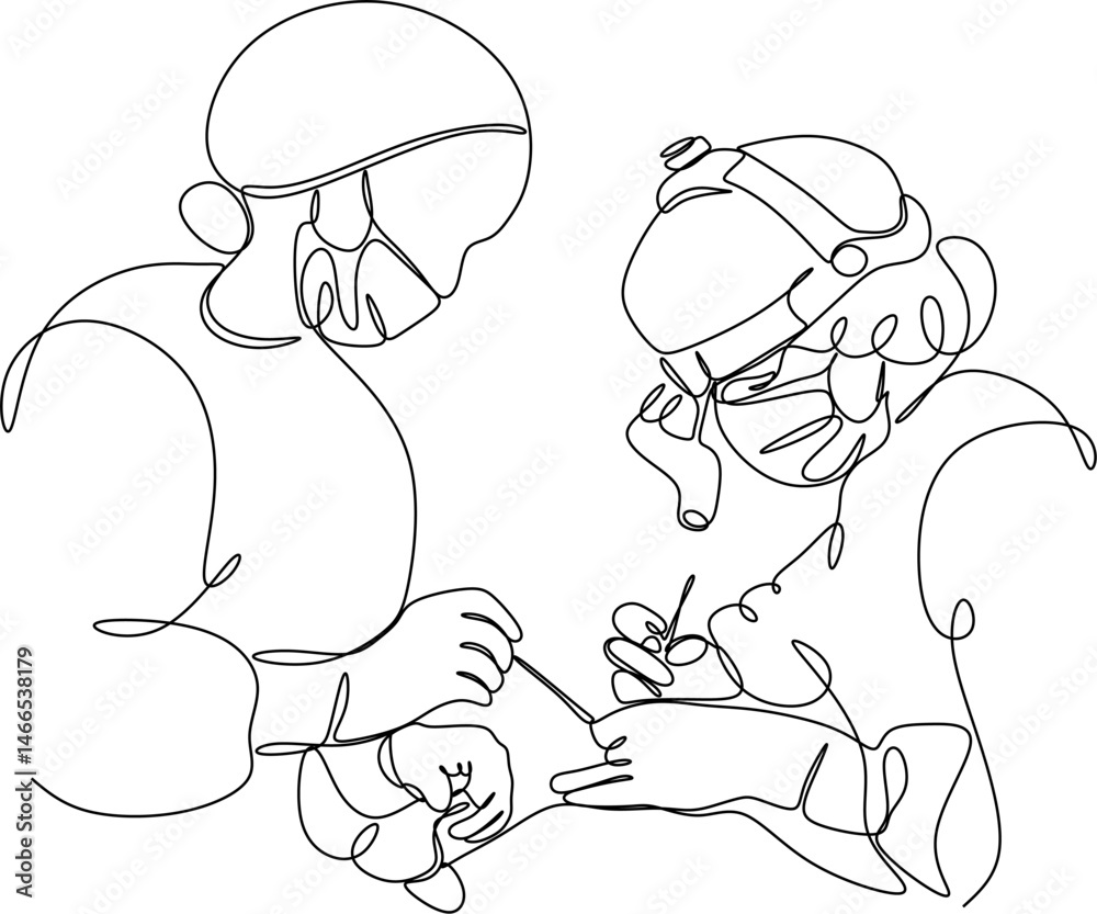 Fototapeta premium One continuous single line drawing of a group of surgeons performing surgery on a critically ill patient. Doctor's Day. Vector illustration