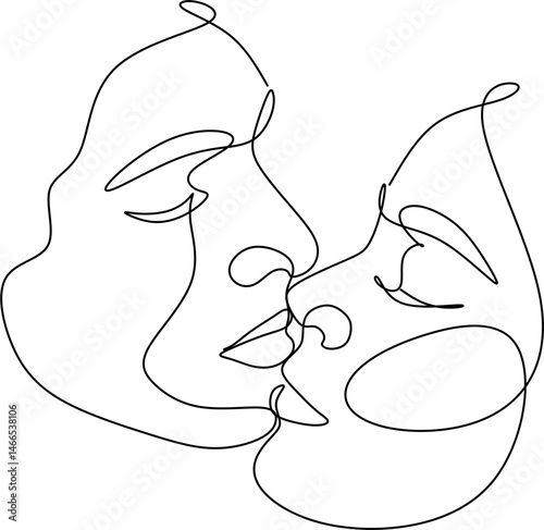 Abstract vector drawing of man and woman faces. Couple in love drawn in one line