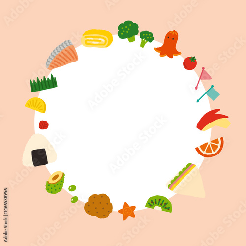 お弁当　おかず　かわいい　背景　イラスト　丸　手書き
