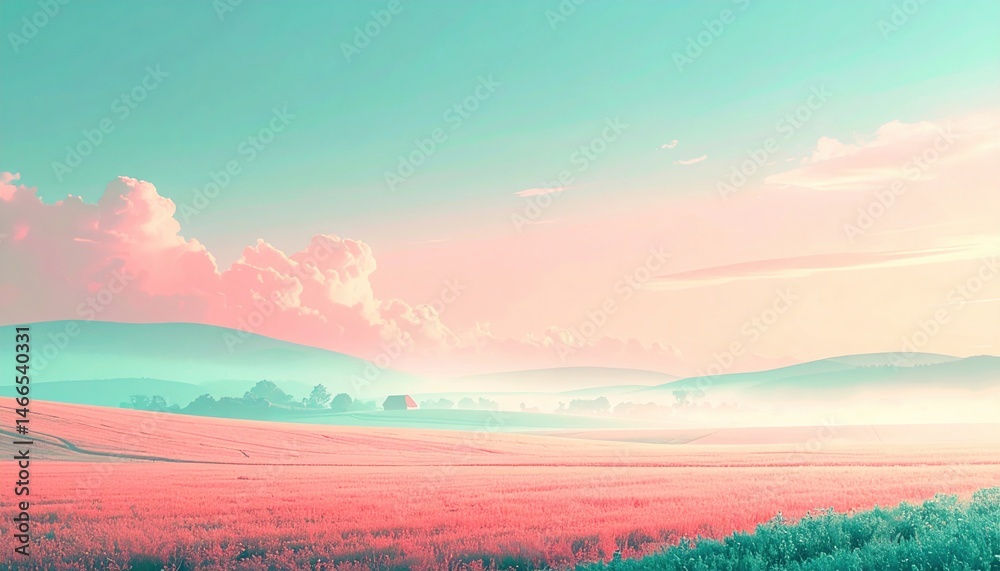 Obraz premium Serene sunrise over rolling hills tranquil landscape nature scene pastoral environment wide-angle perspective