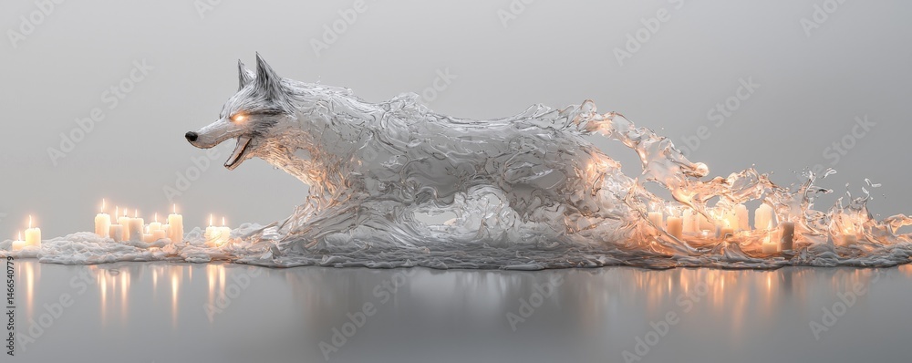 Fototapeta premium A dynamic white dog sculpture seemingly made of flowing water and glowing light.