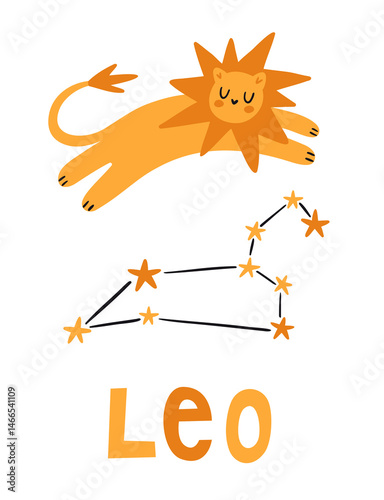 Children illustration. Cute jumping lion. Leo constellation. Vector cartoon print with cat and stars. 