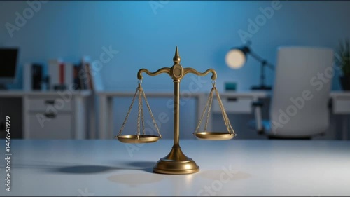 Legal scale symbolizing justice in an office environment  