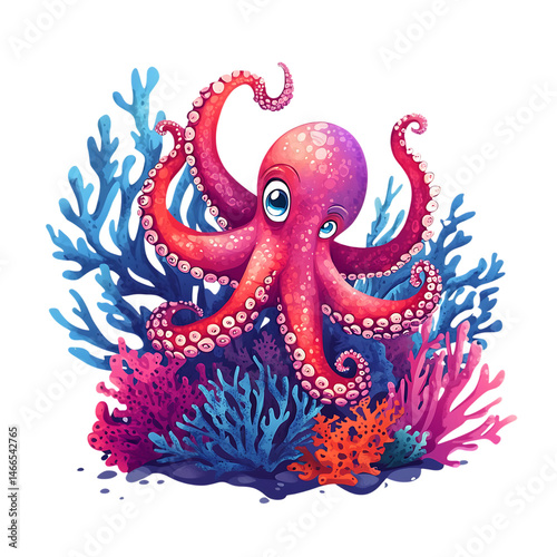 Cartoon Octopus Hiding in Coral among Oceanic Blues Isolated on Transparent Background