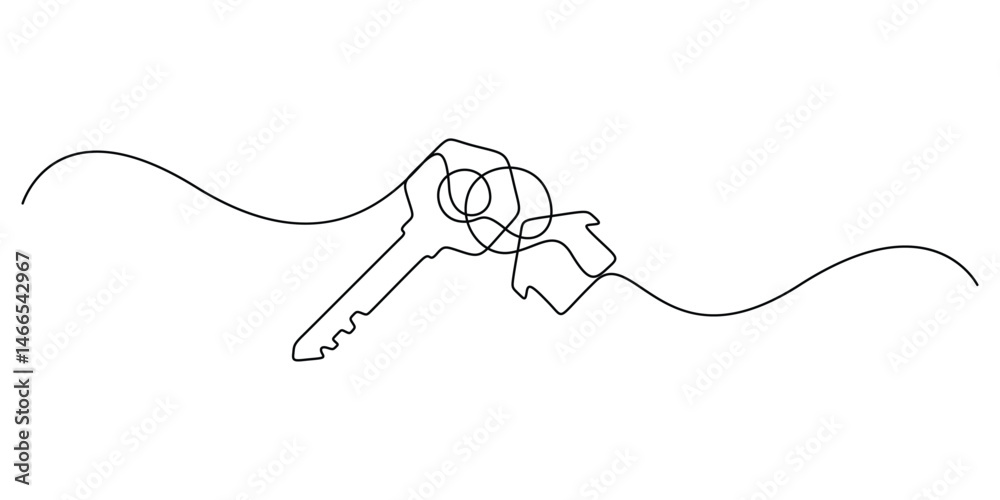 Obraz premium Single line drawing of a house with a key, Set of keys against white background, Continuous one line art drawing symbol of house keys, Real estate line icon vector design, Continuous one line key