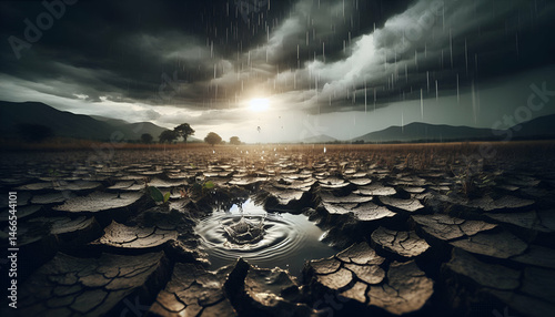 Rainwater being absorbed into dry cracked soil in a barren field, under overcast skies.
