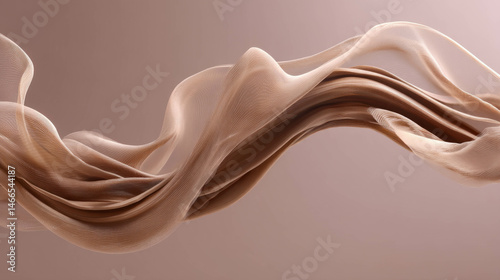 Delicate beige chiffon-like fabric suspended in air forming elegant curves and waves, with smooth lighting and neutral tones. Concept of softness, elegance and minimal aesthetic