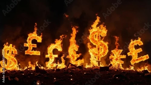 Burning Currency Symbols Representing Money in Flames  