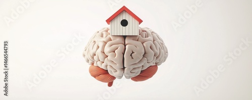 A creative representation of a brain with a house symbolizing home and thought.
