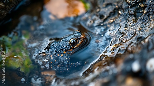 Rough-skinned newt resting in shallow water near rocks, close-up view. photo