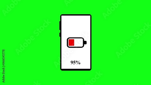 Smartphone with battery low charging icon indicator on screen animated on green background