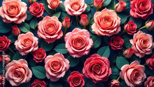 Intricate blooming roses in repeating pattern, buds, wallpaper