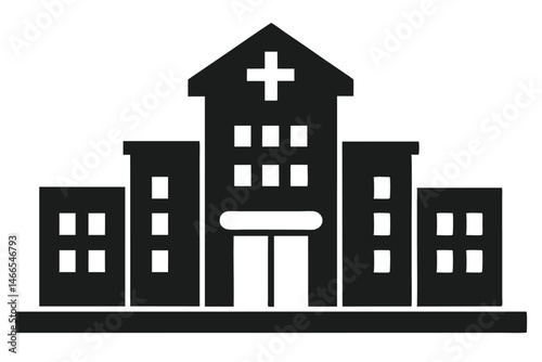 Black symbol shows a hospital building with four wings, windows, and a cross on the roof
