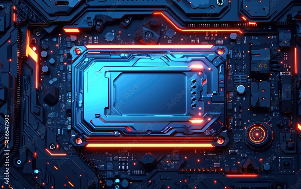 Futuristic Technology Motherboard Design With Neon Lights