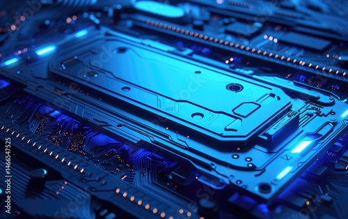 A close-up view of a futuristic blue circuit board with glowing components