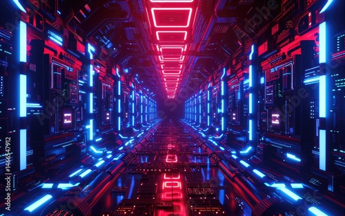 Obraz na płótnie futuristic corridor with vibrant red and blue neon lights w salonie