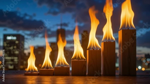 Wooden blocks with flames glowing against a city skyline  