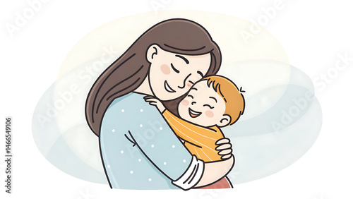 Vector Illustration Of Mother Holding Baby Son In Arms. Happy Mother`s Day Greeting Card.