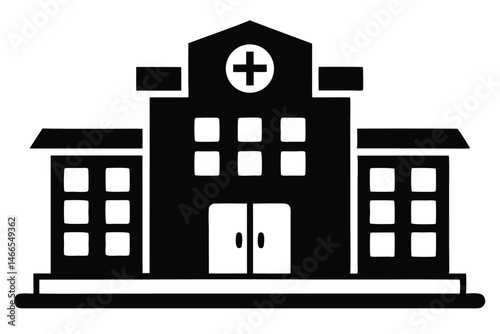Black silhouette shows hospital facade with a large medical plus symbol