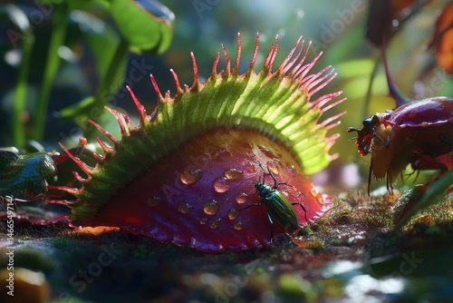 A vibrant Venus flytrap with glistening dew attracts and traps unsuspecting insects in its deadly embrace.