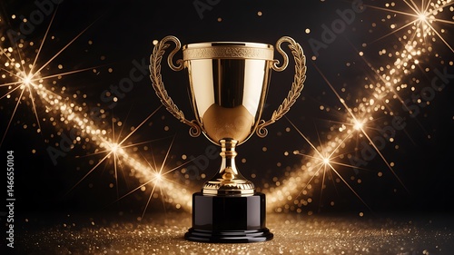 Golden Trophy with Sparkling Lights on Dark Background