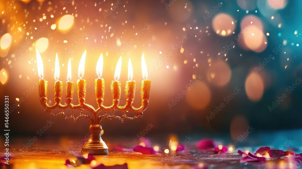 Fototapeta premium Flame-lit menorah on dark background, light symbolizing freedom, remembrance, and tradition