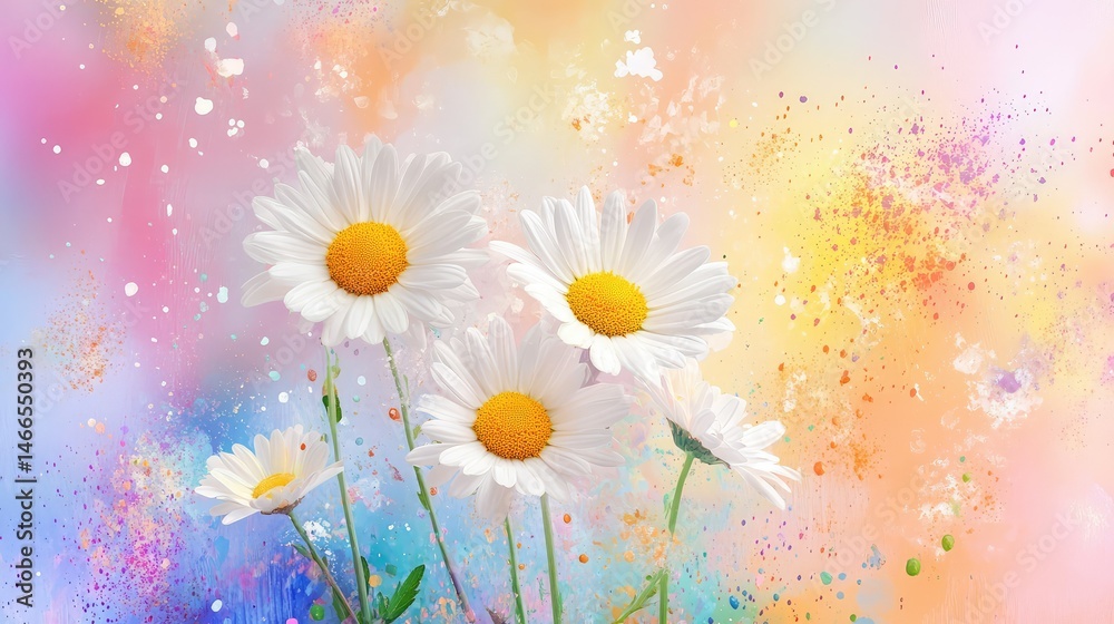 Obraz premium Focused white daisies pop against a fun, painterly backdrop in vivid colors and soft textures