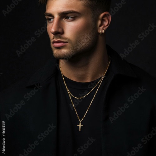 Contemplative Man with Cross Pendant and Gold Chain Wearing a Black Shirt in Studio Lighting