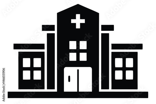 A simplified black building has central cross and two smaller wings on each side