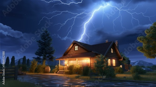 Dramatic Lightning Storm over a Cozy Cabin Illuminating Night Landscape with Electric Energy