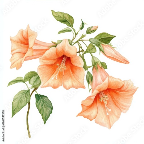 Delicate Watercolor Painting of Peach Coloured Angel Trumpet Flowers and Buds on Stemmed Leaves