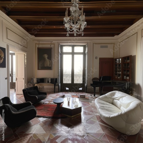 Elegant Room with Chandelier Piano and Portrait Window Light Harmony and Modern Chair Juxtaposition