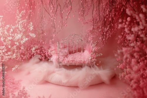 Dreamy Infant Photo Shoot Setting with Pink Blossoms and Iron Crib Delicate Newborn Scene