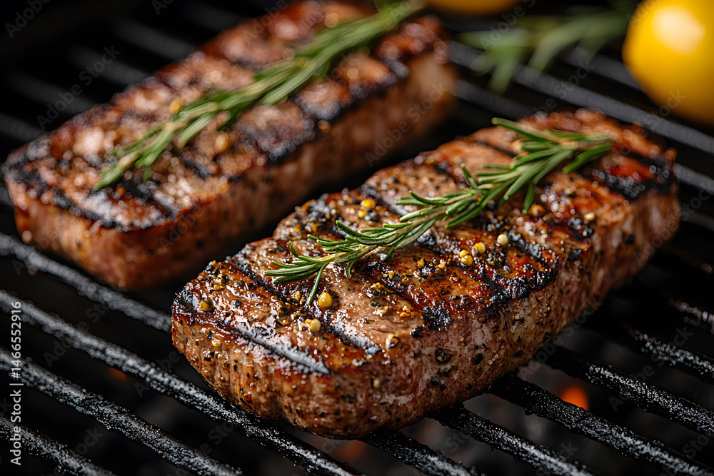 Grilled Steak Perfection with Rosemary on Barbecue Grill for Culinary Excellence