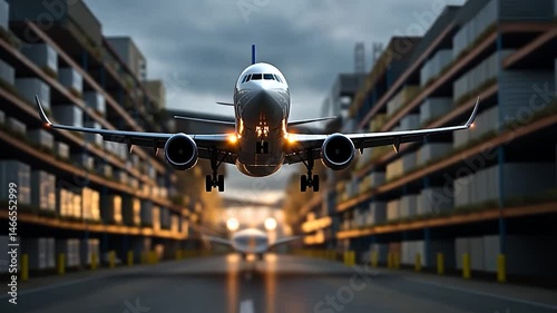 Airplane ready for take-off in a blurred background warehouse, creating a sense of anticipation, logistical precision, and the excitement of embarking on a journey, Warm color casts