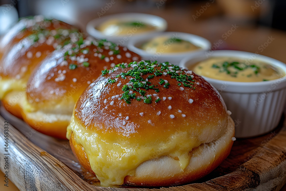 Freshly Baked Cheese-Stuffed Brioche Buns with Chive Garnish and Dipping Sauce