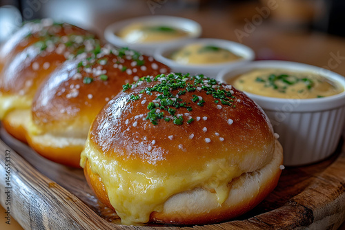 Freshly Baked Cheese-Stuffed Brioche Buns with Chive Garnish and Dipping Sauce